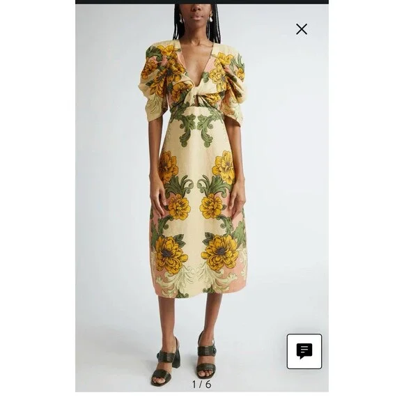 Farm Rio Delicate Flower Arabesques Premium Linen Midi Dress Small New $280 - Picture 3 of 7